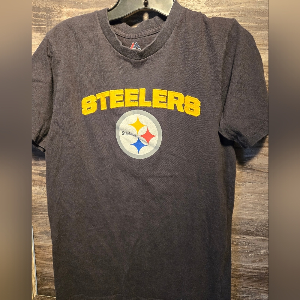 Vintage STEELERS Black cotton t-shirt stitched‎ letters men's Medium Majestic